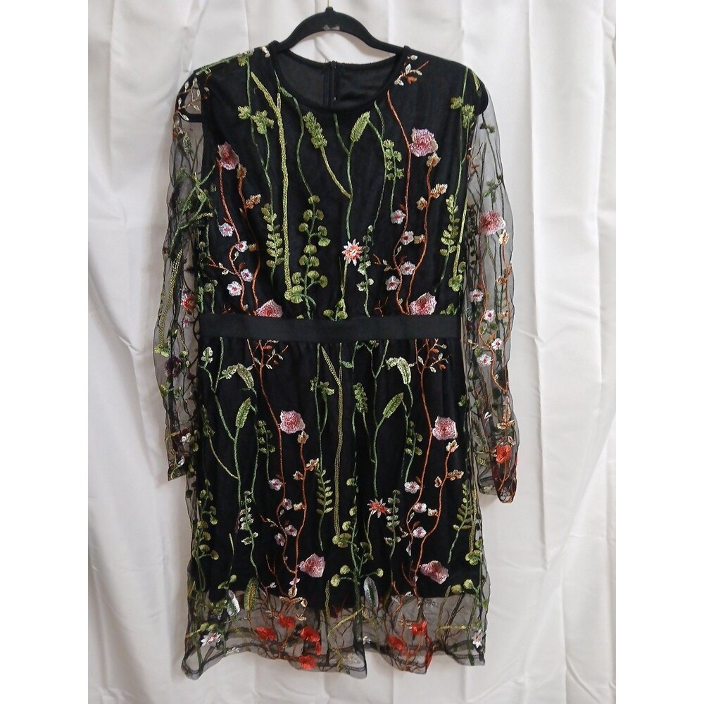 Black Sheer Floral Dress Empire Long Sleeves Zip Sz XL  Whimseygoth Fairy